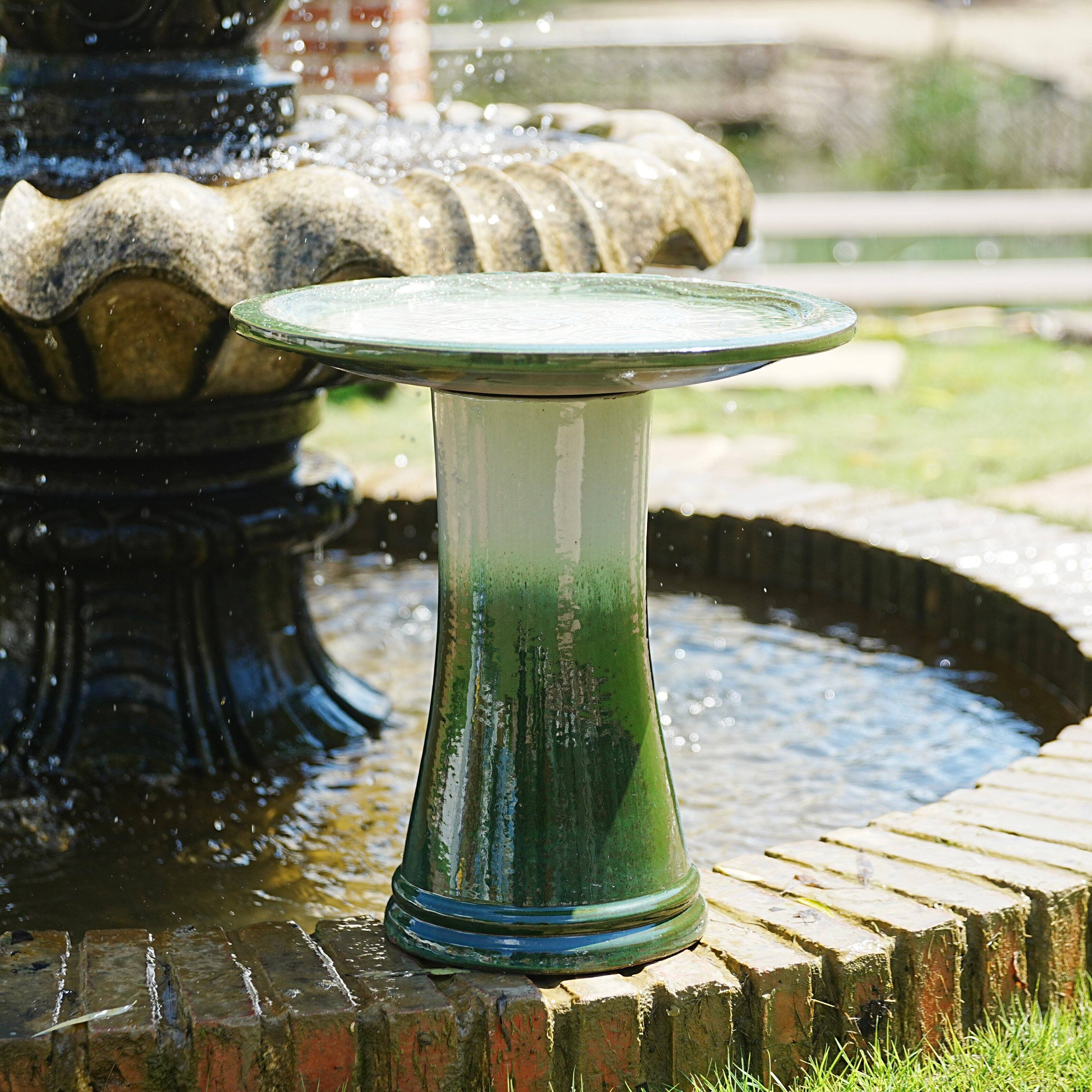 Left. Loheer - 17 Inch Ceramic Bird Bath with Pedestal Base Handmade Glazed Birdbath for Garden Patio Yard - Grass Green + Ceramic.