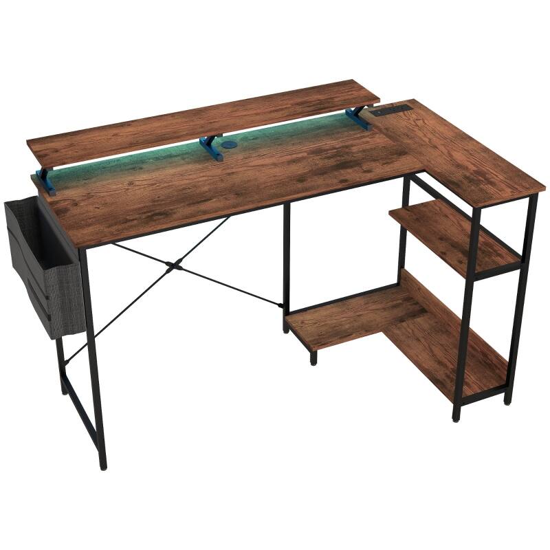 Left. Anysun - 58" Reversible L Shaped Computer Desk with Power Outlets & LED Lights, Corner Desk with Monitor Stand - Rustic Brown.