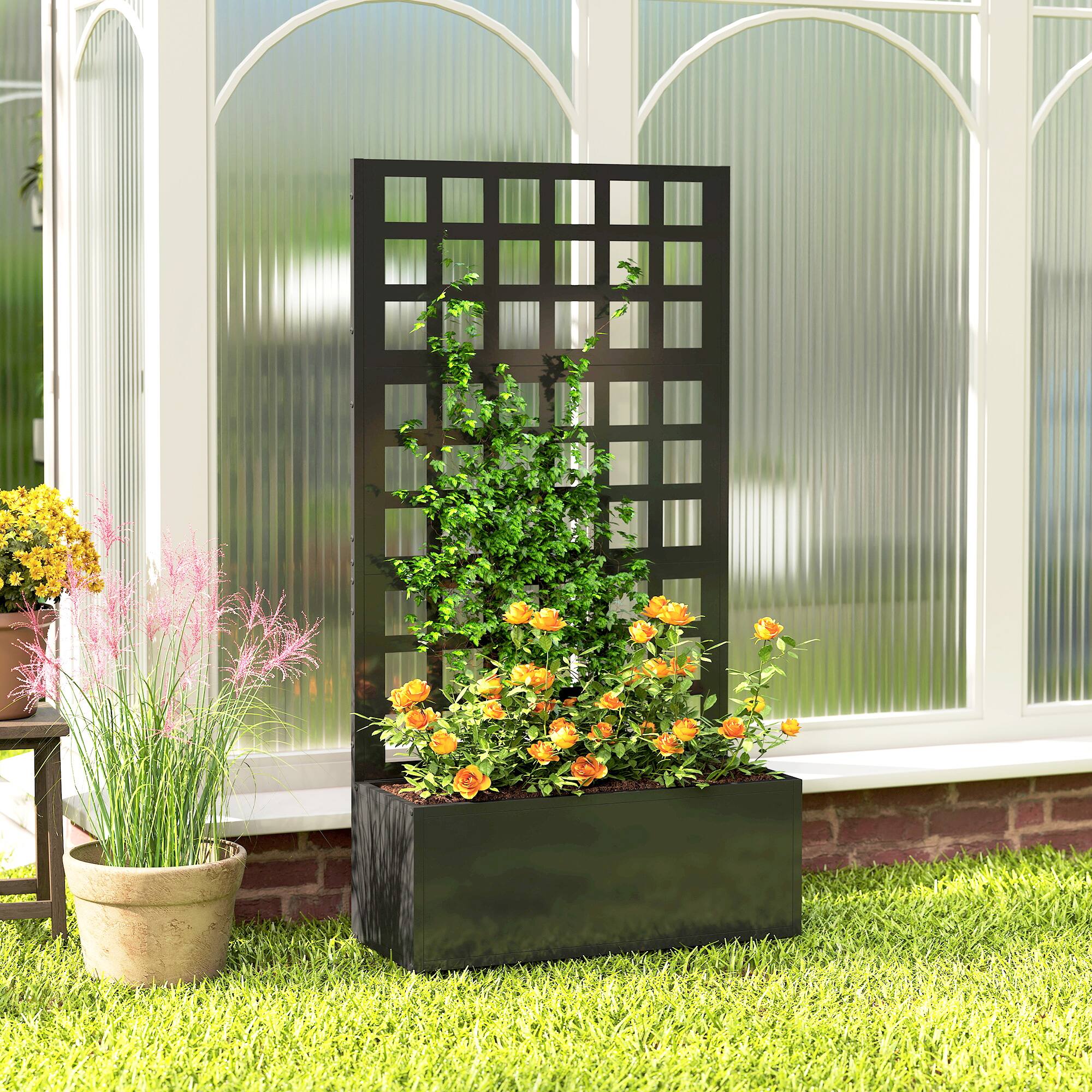 Alt View 8. Outsunny - Galvanized Raised Garden Bed with Trellis, Metal Planter Box with Drainage Holes, Outdoor Privacy Screen.