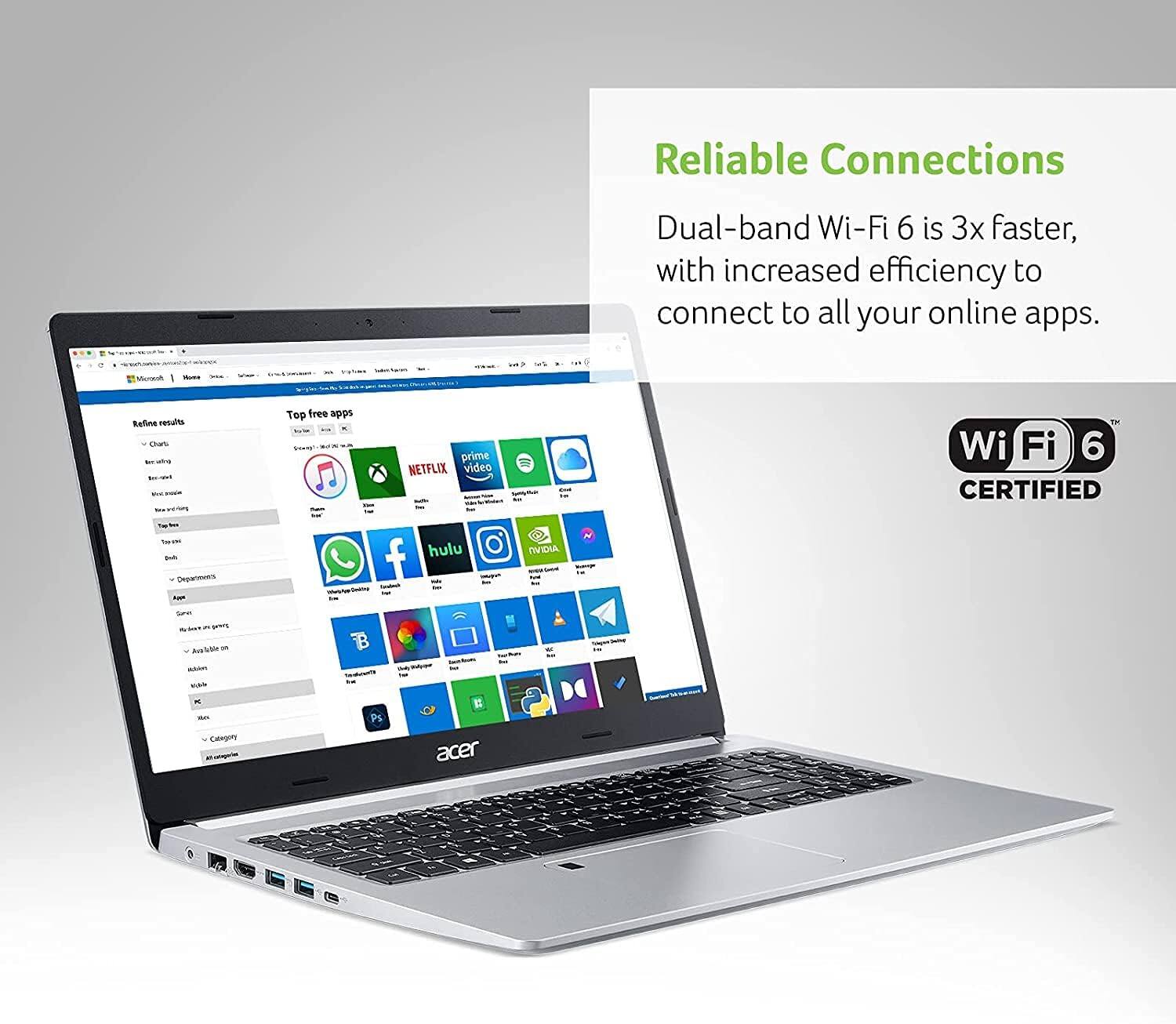 Reliable Connections

Dual-band Wi-Fi 6 is 3x faster, with increased efficiency to connect to all your online apps.

Wi-Fi 6 CERTIFIED