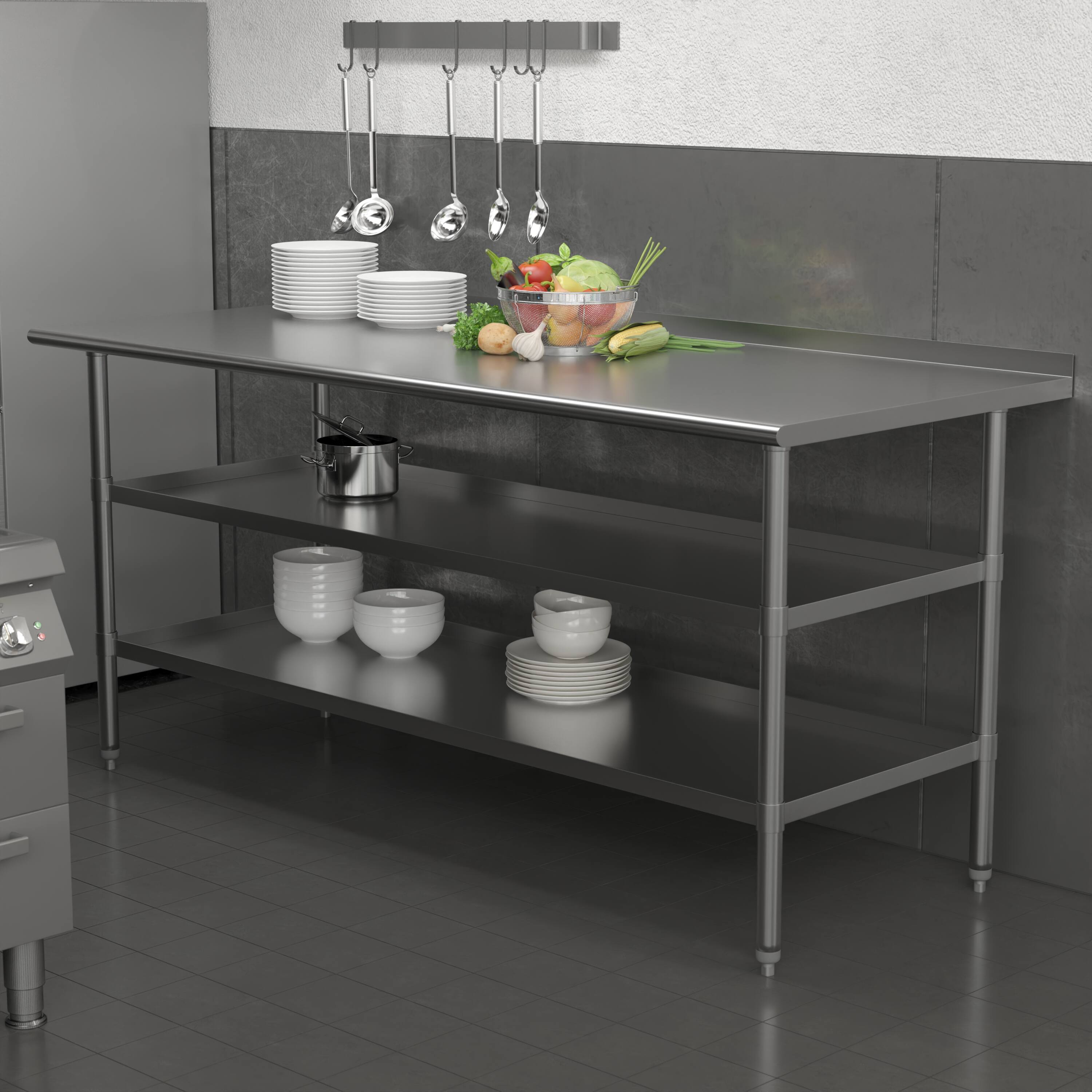 Alt View 1. Emma + Oliver - NSF Certified Stainless Steel 18 Gauge Work Table with 1.5" Backsplash and 2 Undershelves - Stainless Steel.