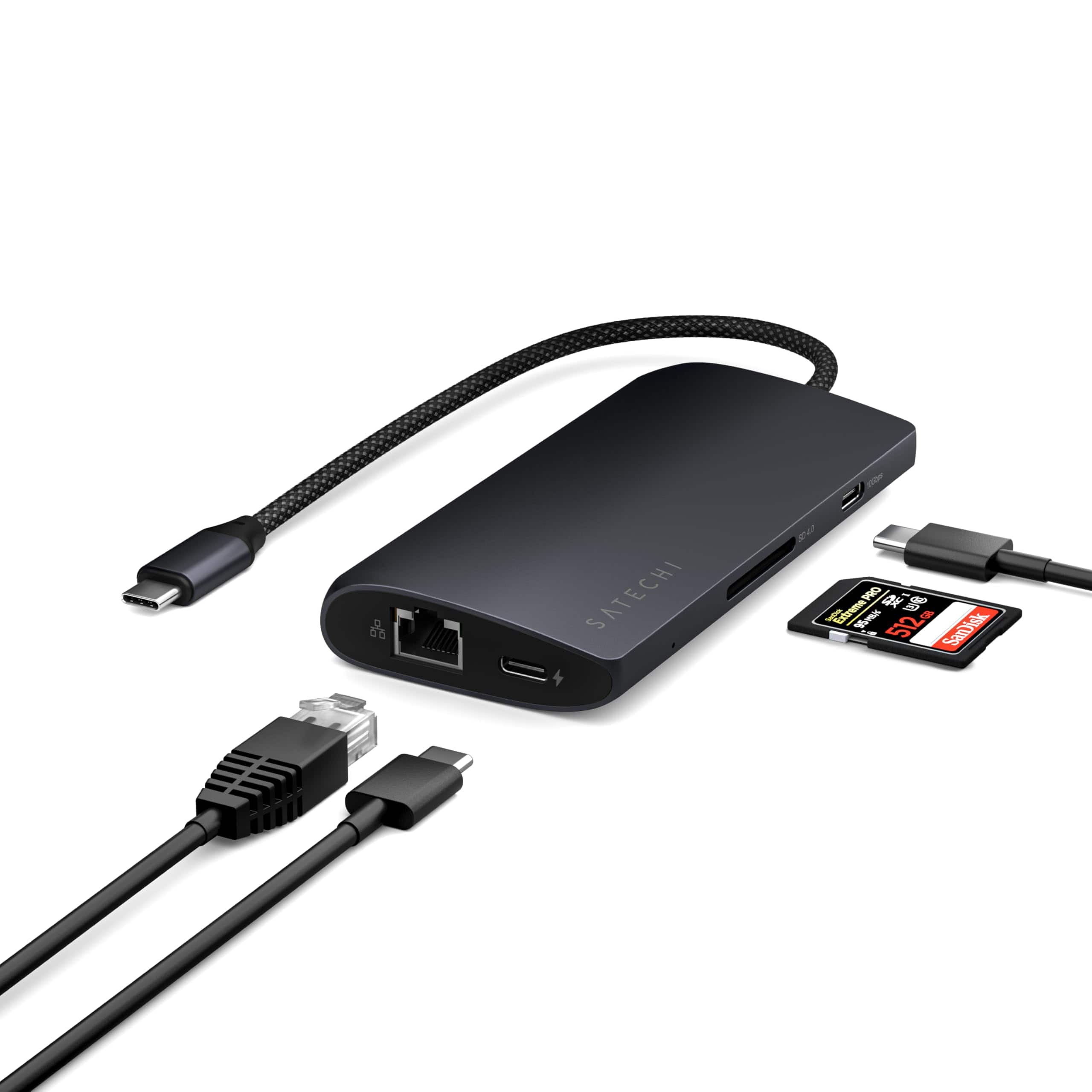Satechi - USB-C Multiport Adapter 8-in-1 V3 - 8K HDMI, 100W Charging, Ethernet, 4 USB Ports, SD Card Reader - Midnight