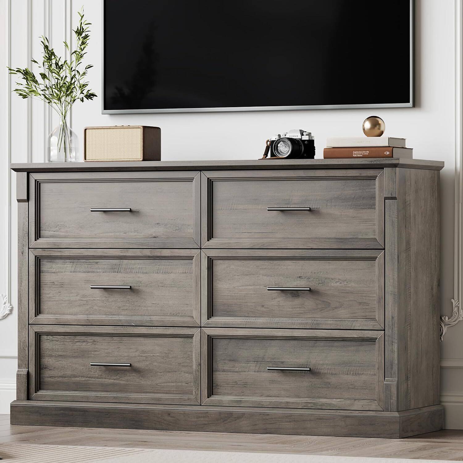 Acekool - Farmhouse Double 6 Drawer Dresser for Bedroom, Living Room, Hallway, Grey - Gray