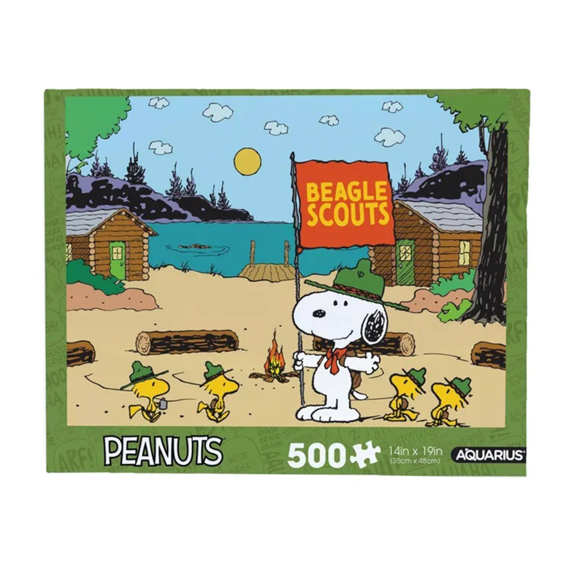 Sure, here is the corrected and grouped text from the image:

---

**BEAGLE SCOUTS**

**PEANUTS**

**500**

**14in x 19in (35cm x 48cm)**

**AQUARIUS**

---

This text is arranged as follows:

- "BEAGLE SCOUTS" is on the flag in the image.
- "PEANUTS" is at the bottom left.
- "500" is at the bottom center, indicating the number of pieces.
- "14in x 19in (35cm x 48cm)" is at the bottom right, indicating the size of the puzzle.
- "AQUARIUS" is at the bottom right, likely the brand or manufacturer.