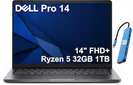 Dell - Upgraded - Pro 14 14" FHD+ Business Laptop - AMD Ryzen 5 220 2025 - 32GB DDR5 RAM - 1TB SSD - Backlit Keyboard - Windows 11 Pro - Magnetite