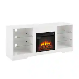 Ecooso - Electric Fireplace TV Stand with Glass Shelves & LED Lights for 32-62" TVs, USB Charging, Modern Design - 58-inch Width - White