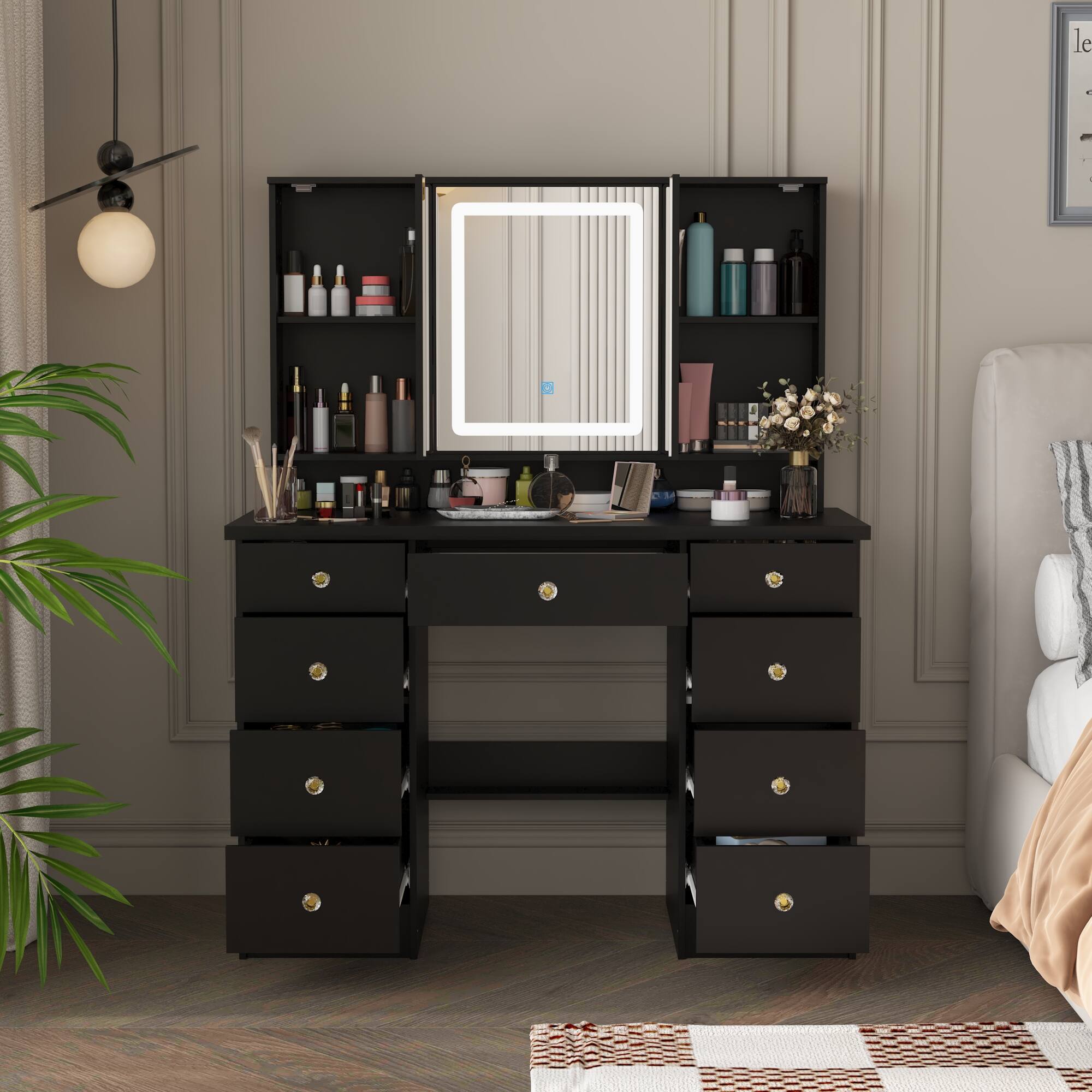 Alt View 2. Famapy - LED Vanity SetSilent Glide Drawers 3-Color Dimmable Mirror Jewelry Organizer & Tri-Fold Glass Modern Dressing Table - Black.