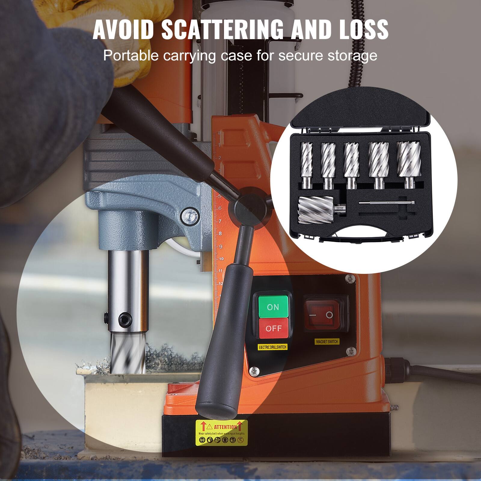 AVOID SCATTERING AND LOSS  
Portable carrying case for secure storage  

ON  
OFF  
ELECTRIC DRILL LIMIT  
MAGNET SWITCH  

ATTENTION  
Your safety is our priority. Please read the manual before use.