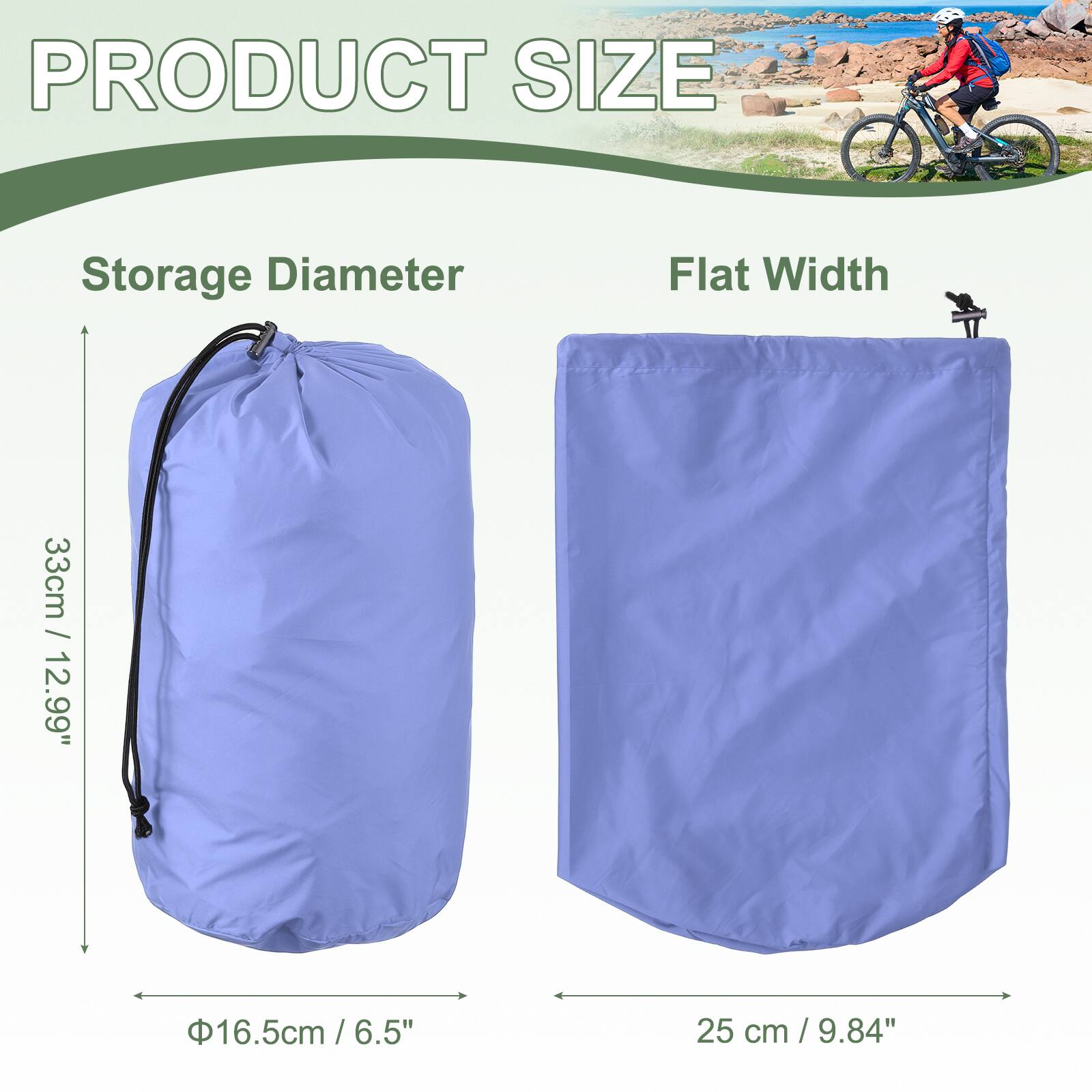 PRODUCT SIZE

Storage Diameter  
33cm / 12.99"  
Φ16.5cm / 6.5"

Flat Width  
25 cm / 9.84"