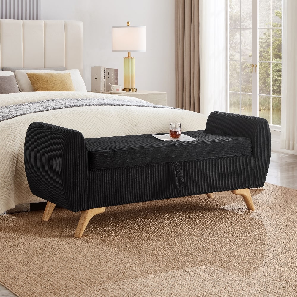 Ropilly - 57 Inch Corduroy Upholstered Storage Bench with Wood Legs, End of Bed Bench for Bedroom and Entryway - Black