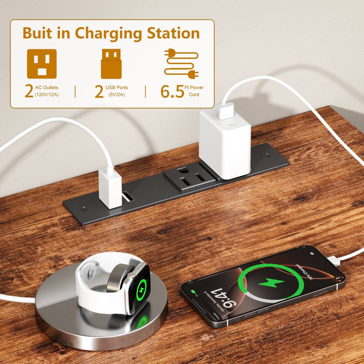 Buit in Charging Station  
AC Outlets 2 (120V/12A) | USB Ports 2 (5V/2A) | 6.5 Ft Power Cord