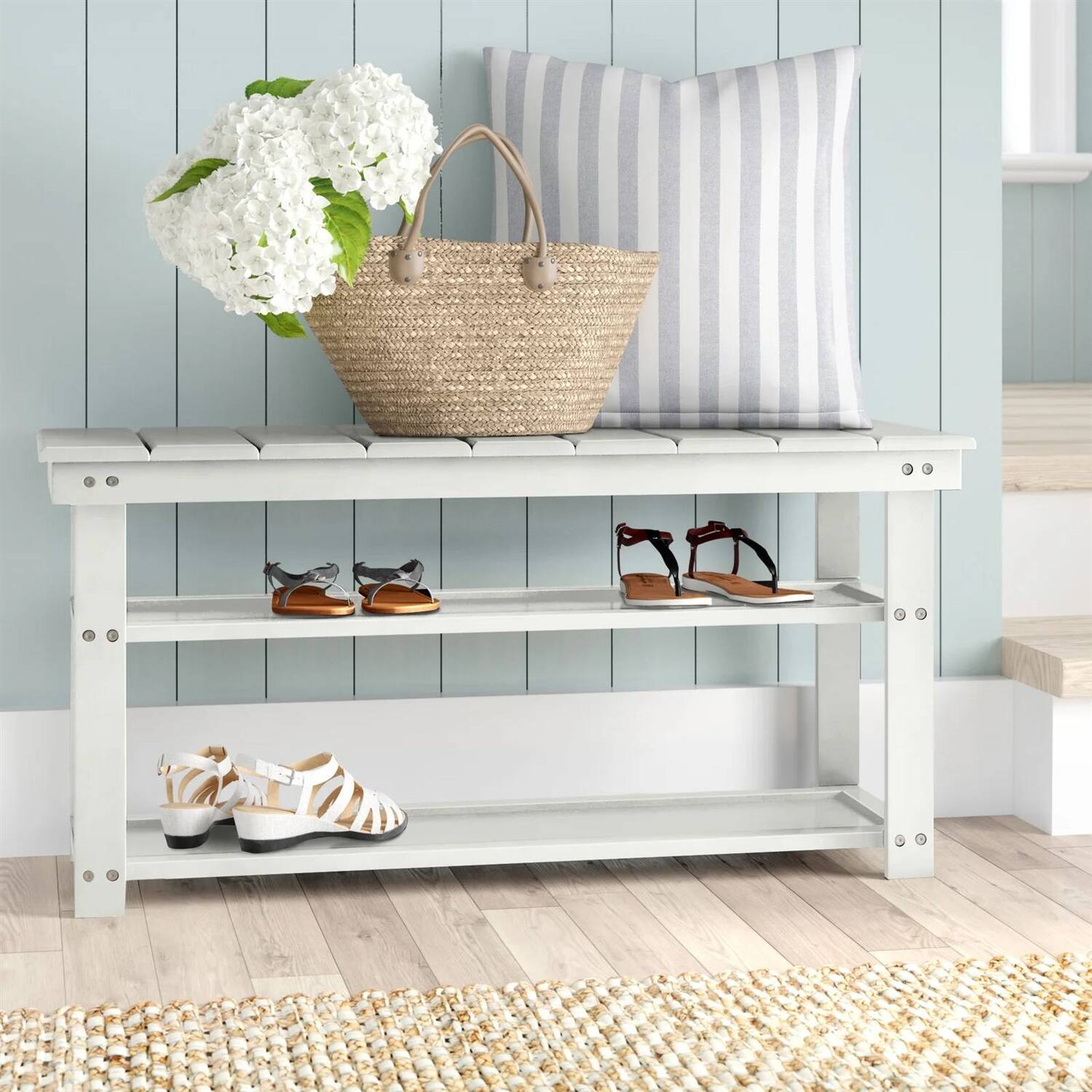 Front. Hivvago - White Slatted Wood 2-Shelf Shoe Rack Storage Bench For Entryway or Closet - White.