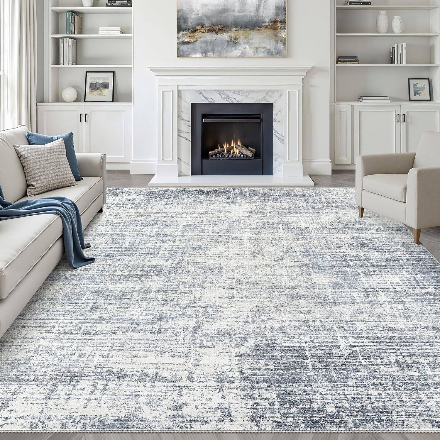 Front. Homhougo - 8x10 Area Rug for Living Room, Washable Abstract Large Rug, Soft Modern Non Slip Indoor Carpet for Home - Blue.