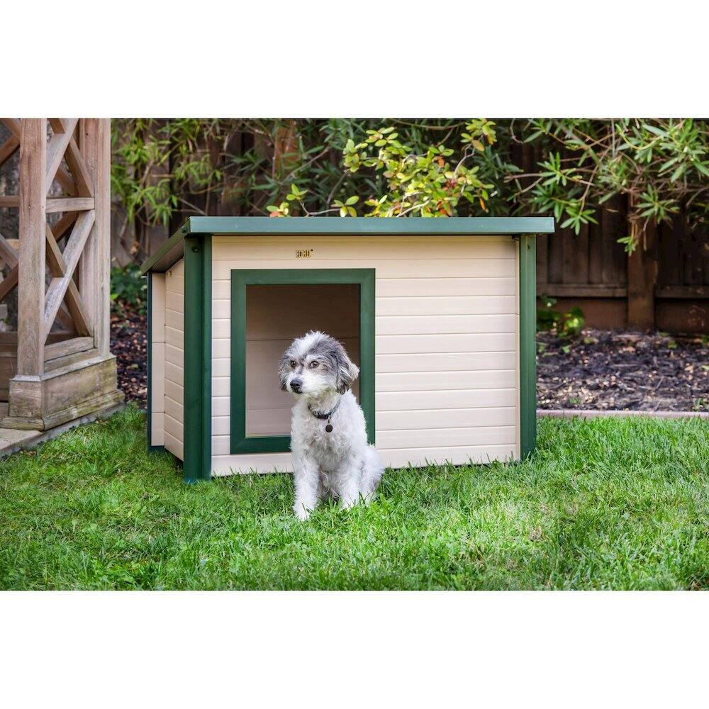 Angle. New Age Pet - ECOFLEX Lodge Style Dog House - Medium - Maple.