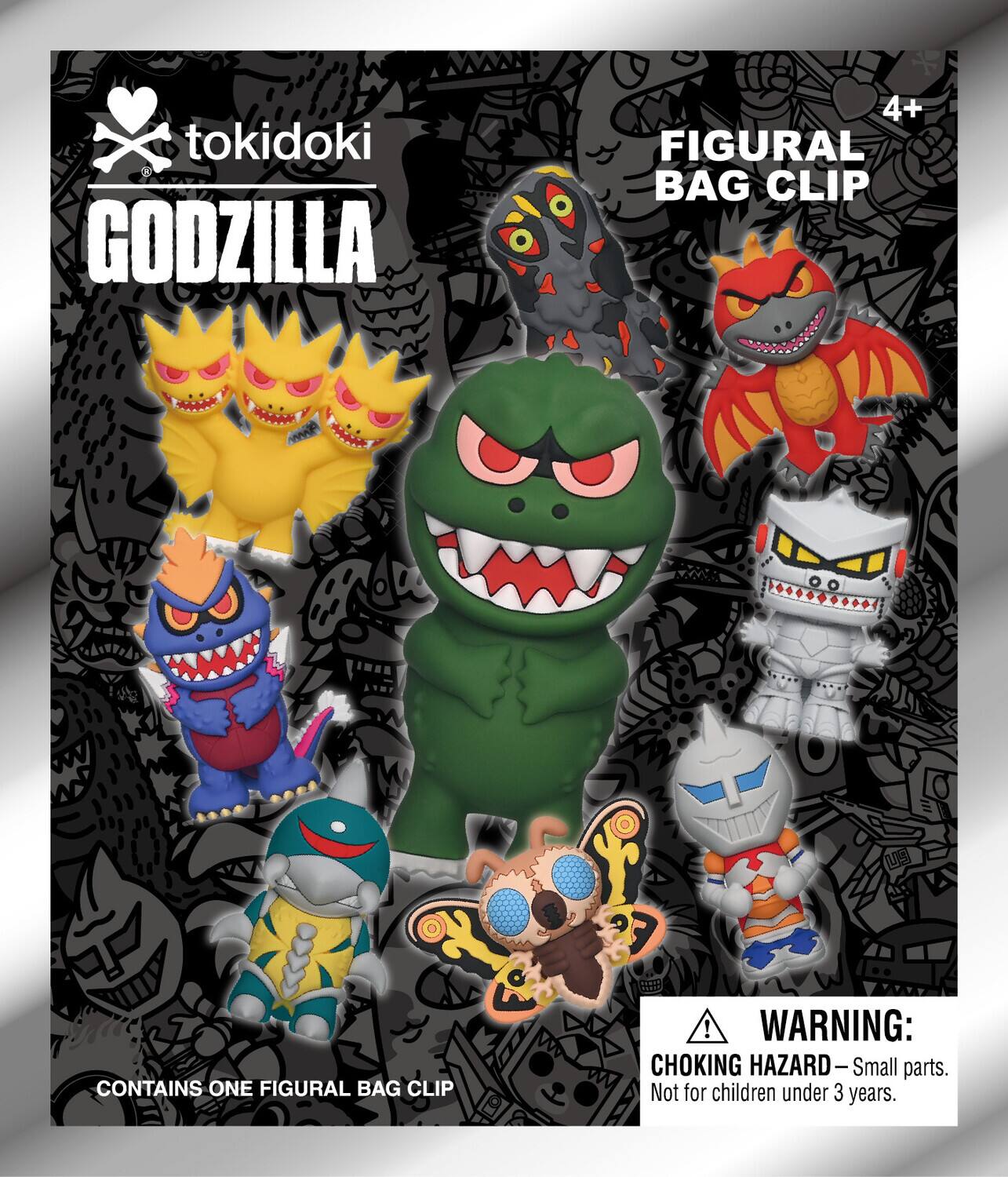 tokidoki GODZILLA 4+ FIGURAL BAG CLIP  
CONTAINS ONE FIGURAL BAG CLIP  

WARNING: CHOKING HAZARD - Small parts. Not for children under 3 years.