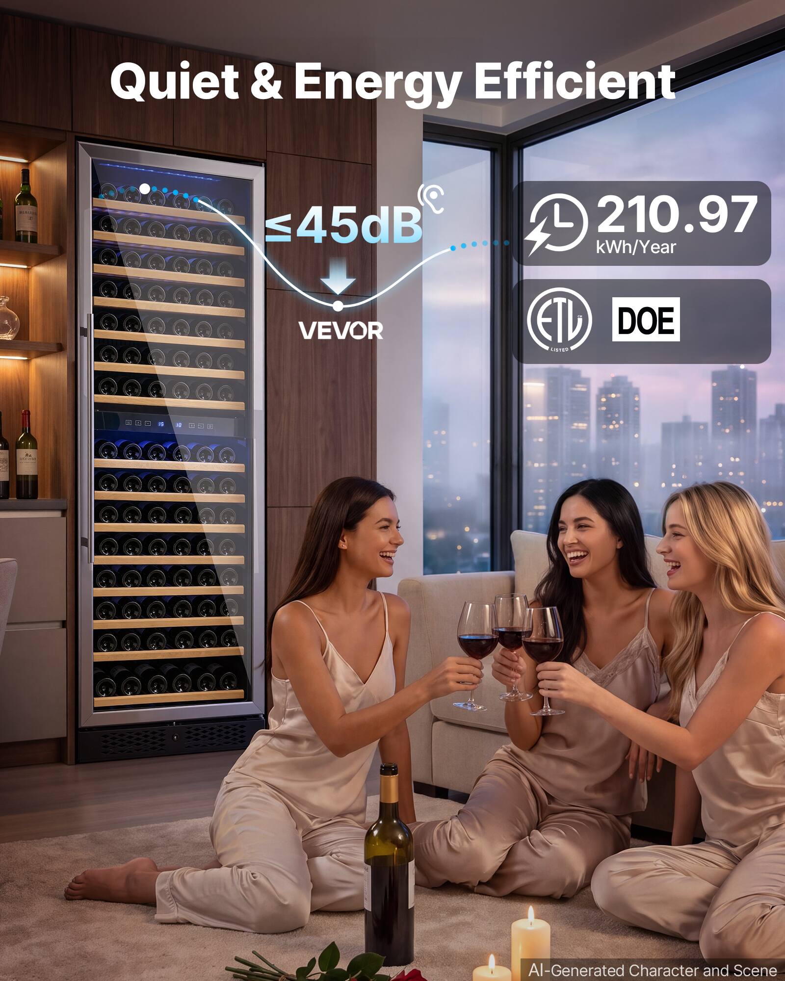 Quiet & Energy Efficient  
≤45dB  
210.97 kWh/Year  
VEVOR  
ETU LISTER  
DOE  
AI-Generated Character and Scene
