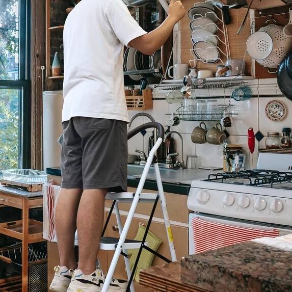 Alt View 3. FED Fitness - 5 Step Ladder, Folding Step Stool with Extra Wide Anti-Slip Pedal, 350lbs Lightweight Portable Sturdy Steel Ladders - White.