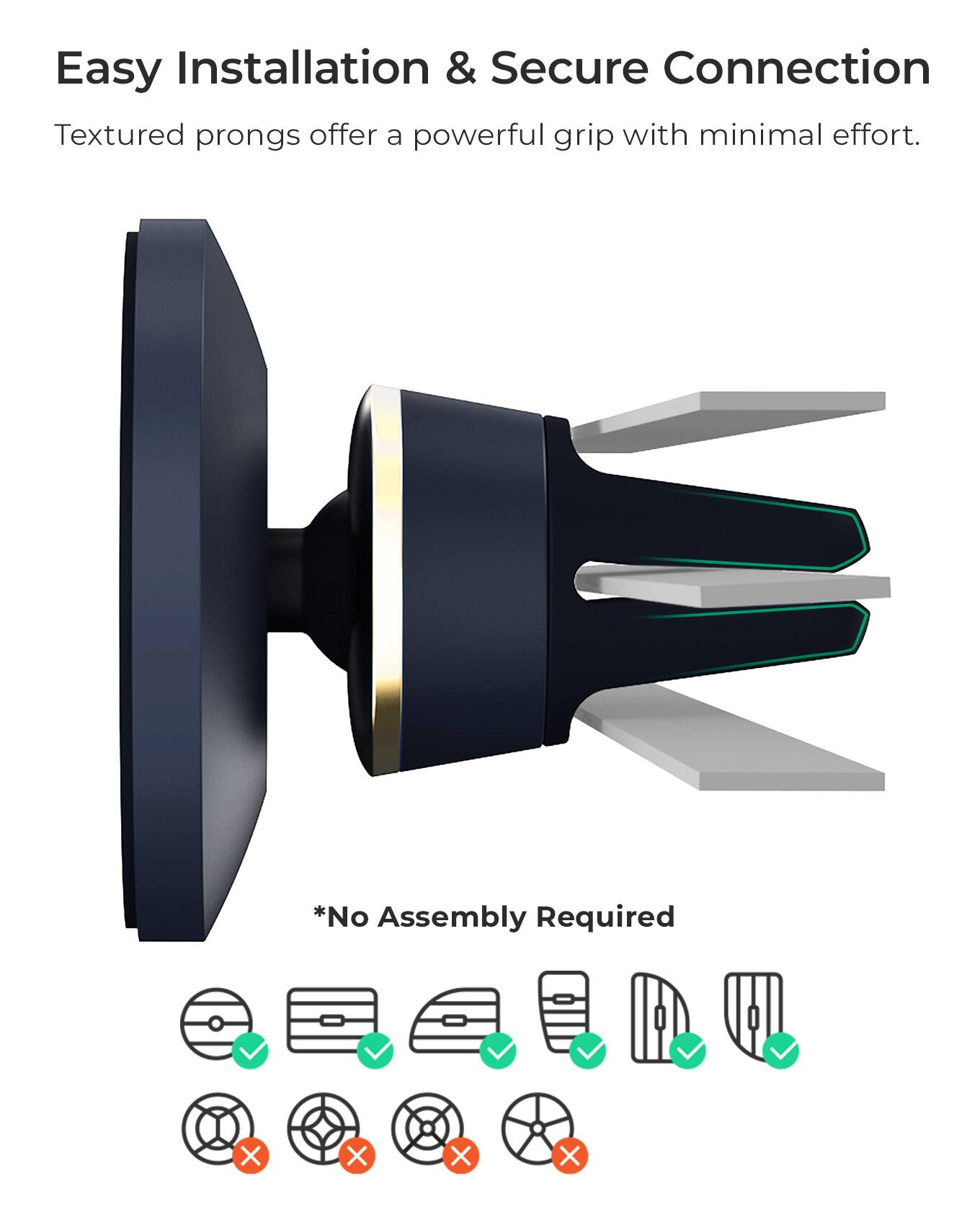 Easy Installation & Secure Connection Textured prongs offer a powerful grip with minimal effort. *No Assembly Required