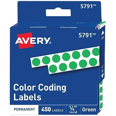 Avery 5791™ Color Coding Labels  
Permanent  
450 Labels  
1/4" Round  
Green