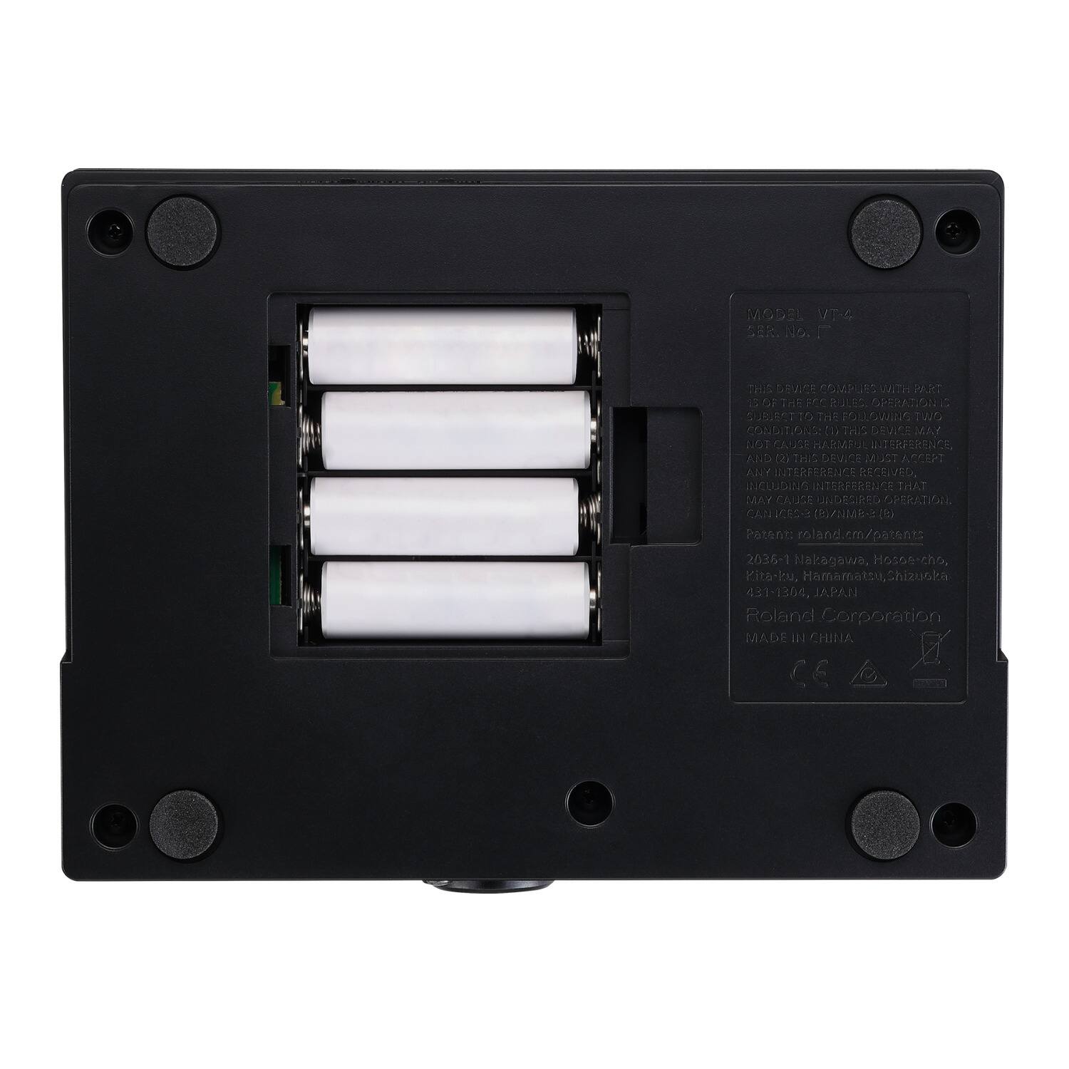 MODEL VTS SER. No. 7  
This device complies with Part 15 of the FCC Rules. Operation is subject to the following two conditions:  
1. This device may not cause harmful interference, and  
2. This device must accept any interference received, including interference that may cause undesired operation.  

Patent: roland.com/patents  
2036-1 Nakagawa, Hoshoe-cho, Kitaku, Hamamatsu, Shizuoka 431-1304, JAPAN  
Roland Corporation  
MADE IN CHINA