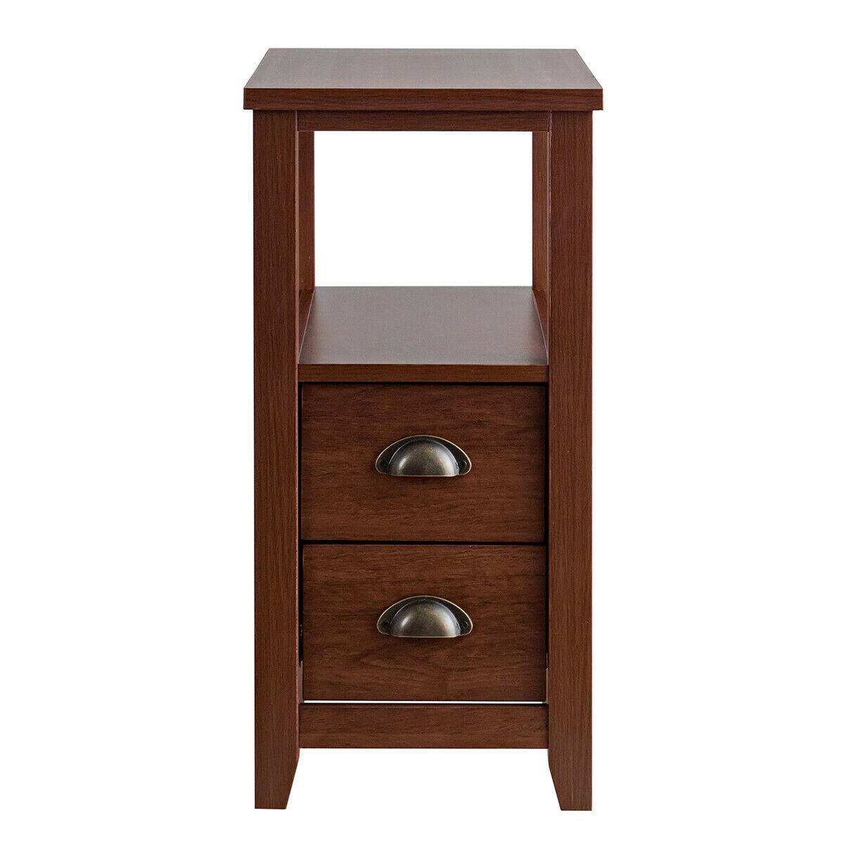 Left. WELLFOR - Set of 2 Wooden Nightstands with 2 Drawers and Shelf - Brown.
