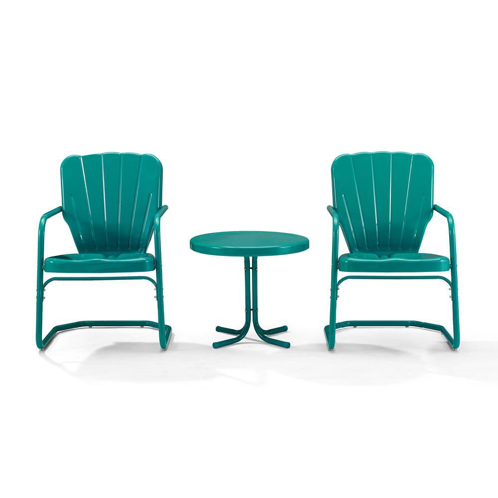 Angle. Crosley Furniture - Ridgeland 3Pc Retro Outdoor Chair Set - Side Table & 2 Chairs - Turquoise Gloss.