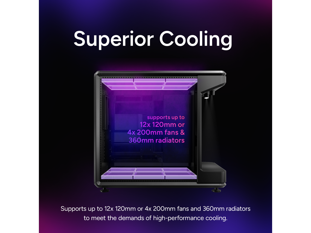 Superior Cooling supports up to 12x 120mm or 4x 200mm fans & 360mm radiators to meet the demands of high-performance cooling.