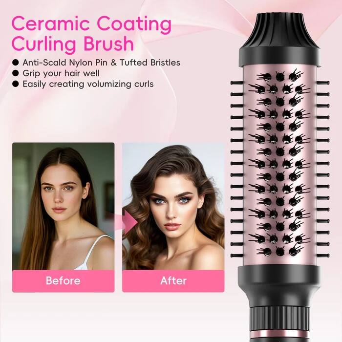 Ceramic Coating Curling Brush

- Anti-Scald Nylon Pin & Tufted Bristles
- Grip your hair well
- Easily creating volumizing curls

Before After