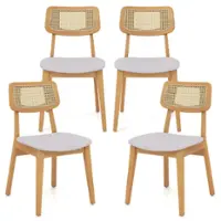 Costway Wooden Rattan Dining Chair Set of 4 with Can Back Rubber Wood Frame Padded Seat - Natural, Gray - Front_Zoom