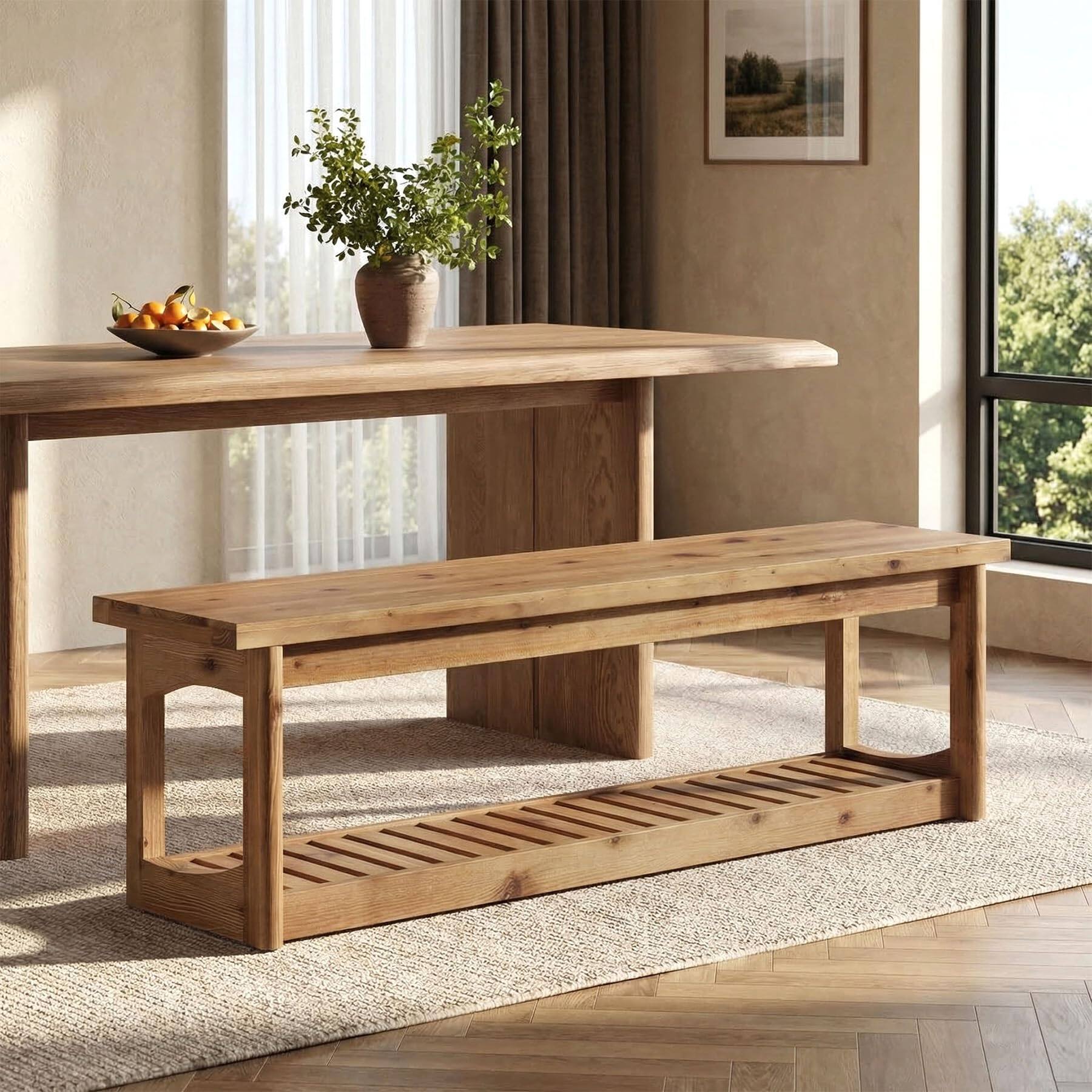 Alt View 3. Tribesigns - 63" Wooden Entryway Bench with Storage Shelves, 2-Tier Shoe Bench - Brown.