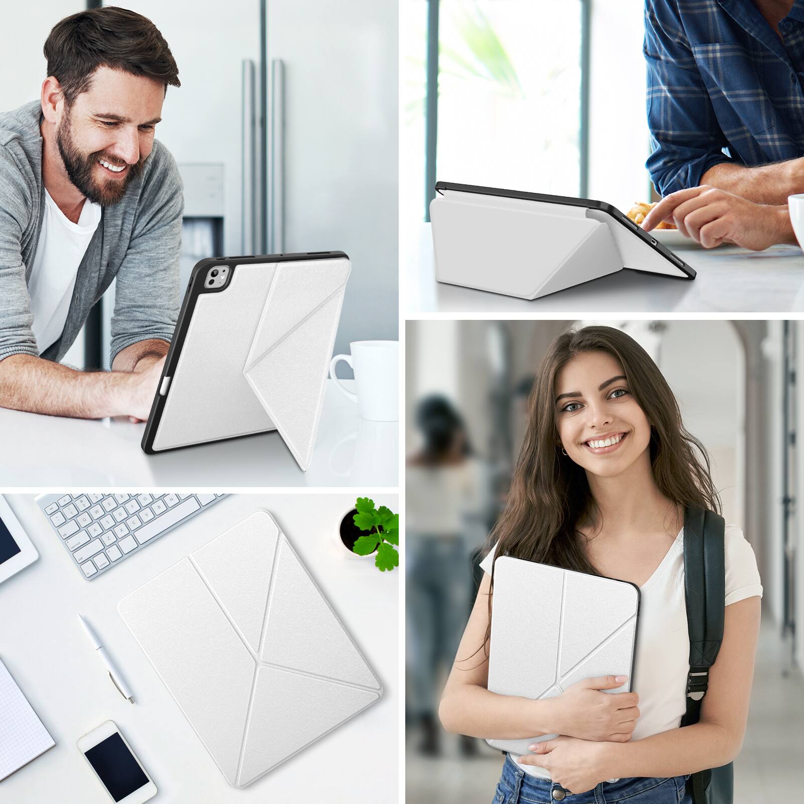 Alt View 2. DTTO - Case for iPad Pro 13 Inch Case (M5/M4) 2025/2024, Origami Case with Multi fold,  Pencil Holder, Support Auto Wake/Sleep - White.