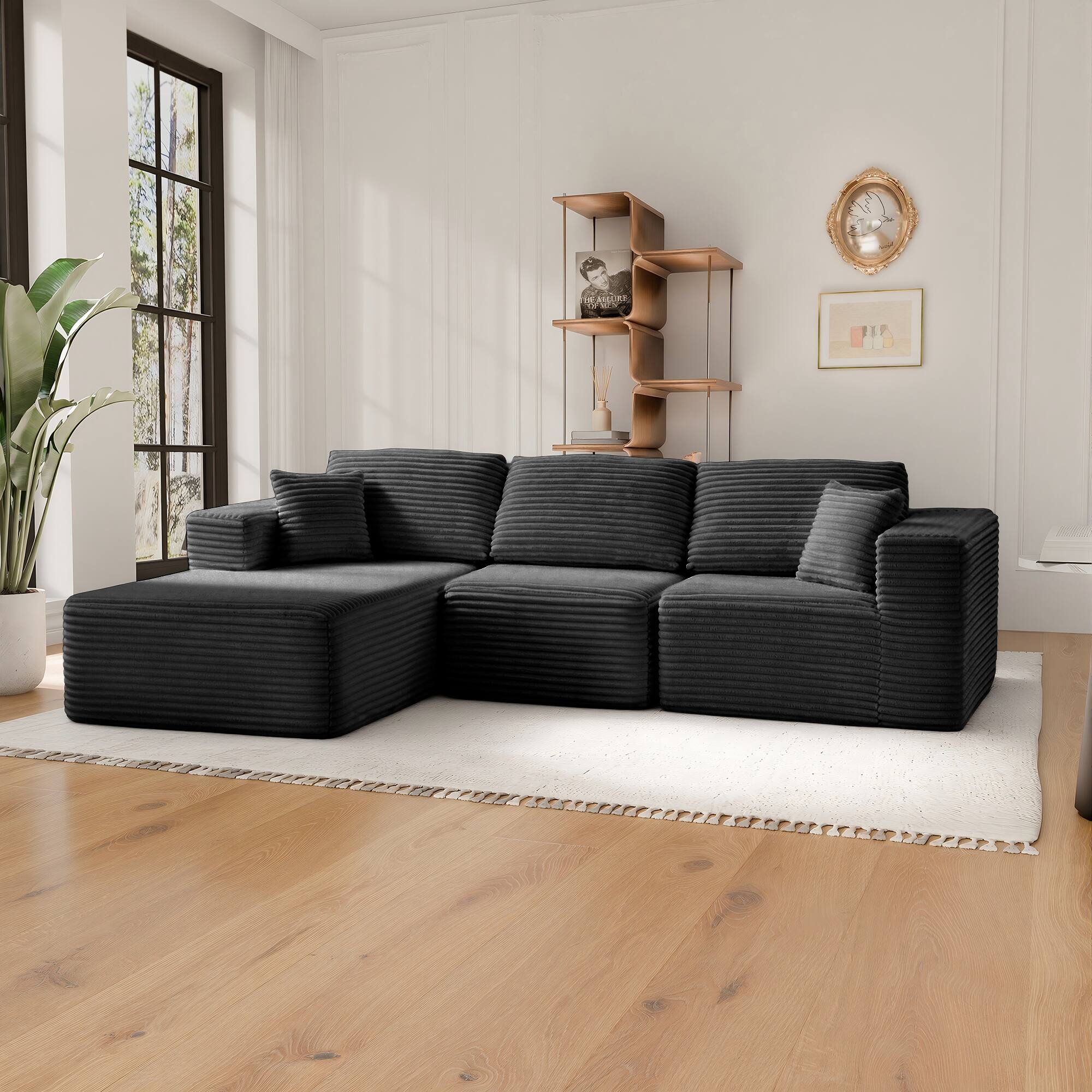 Alt View 1. PexFix - 104" Wide Ribbed Velvet L-Shaped Sectional Sofa, Modular Couch with Chaise and Comfort Foam - Gray.