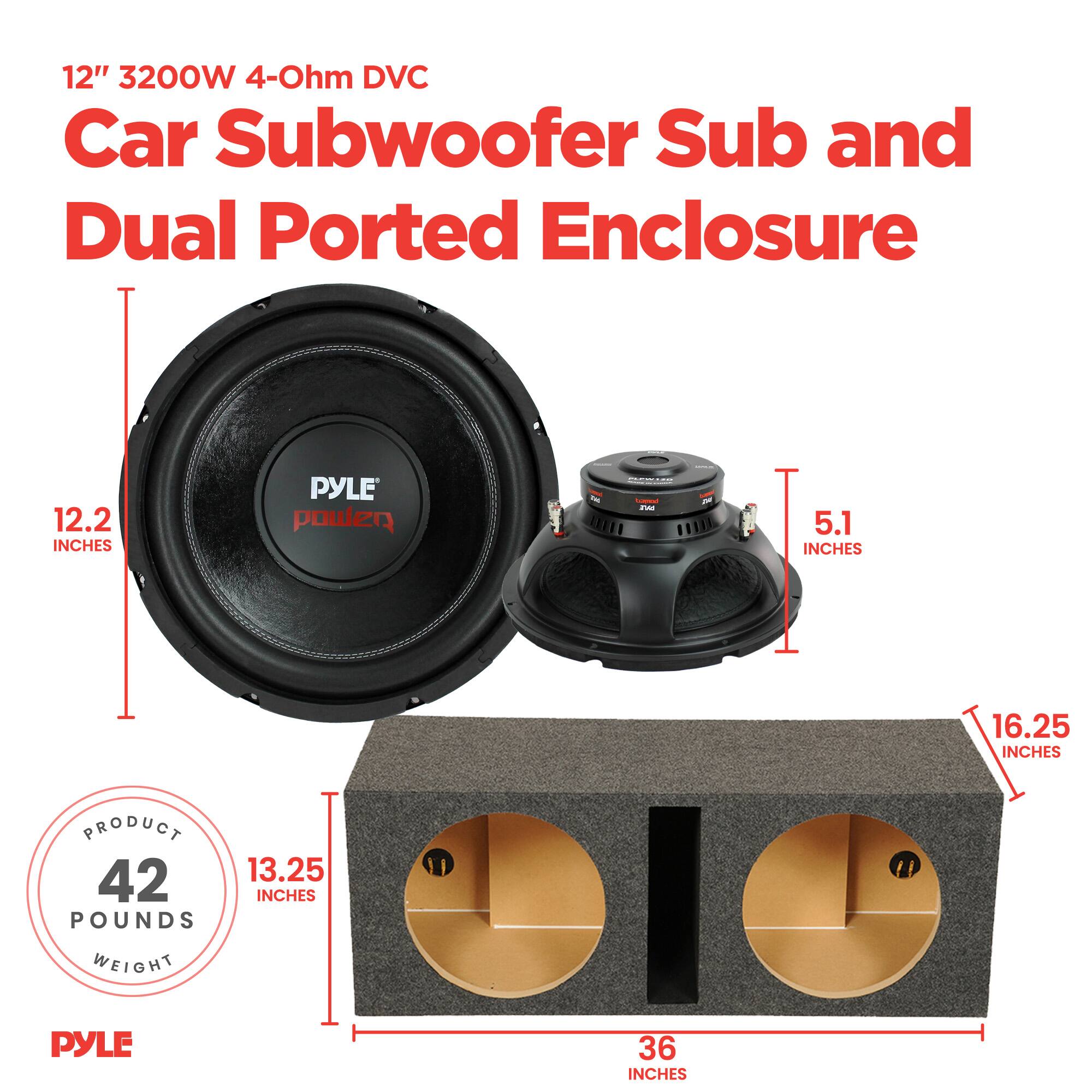 12" 3200W 4-Ohm DVC Car Subwoofer Sub and Dual Ported Enclosure

- 12.2 INCHES
- 5.1 INCHES
- 16.25 INCHES
- 13.25 INCHES
- 36 INCHES

PRODUCT WEIGHT: 42 POUNDS