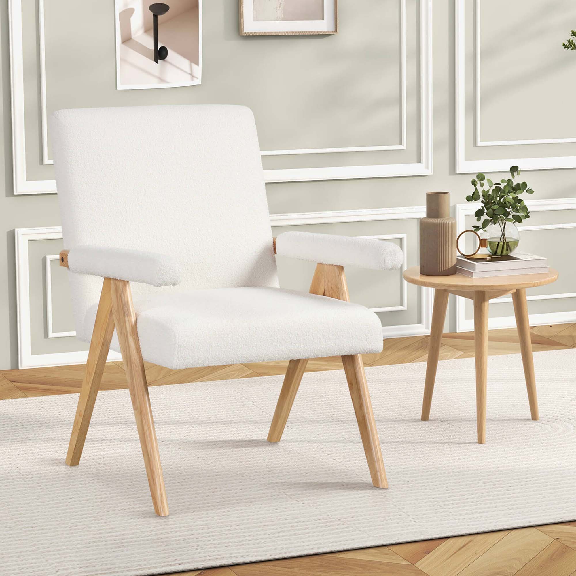 Alt View 1. Costway - 2 PCS Mid-Century Accent Chair with Solid Rubber Wood Frame and Padded Armrests - Beige + Natural.
