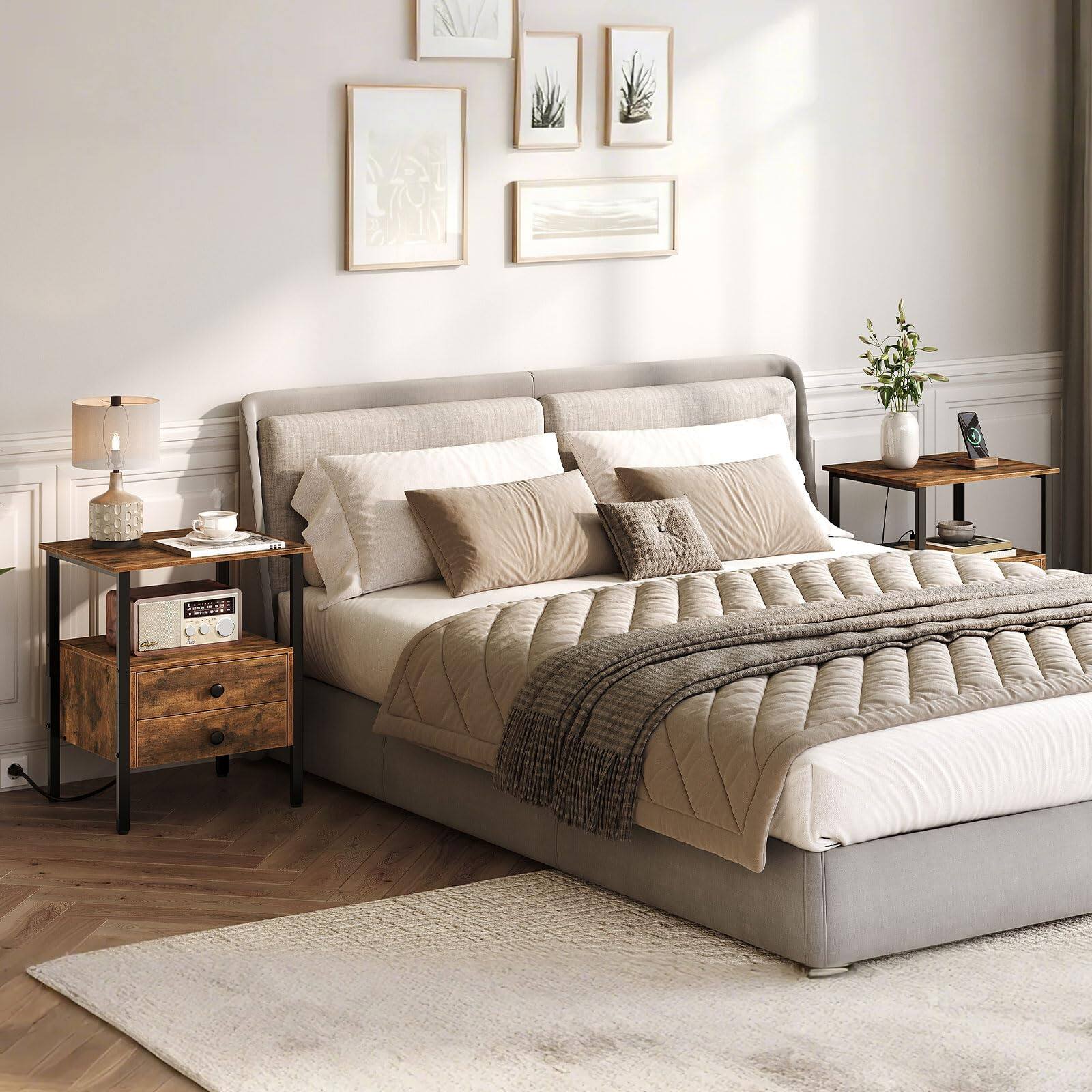 Left. PO3TICJUNKI3 - End Table With Charging Station Bedside 2 Drawer & Usb Port Type-c Nightstand For Spaces Stable And Sturdy ... - Rustic Brown + Black.