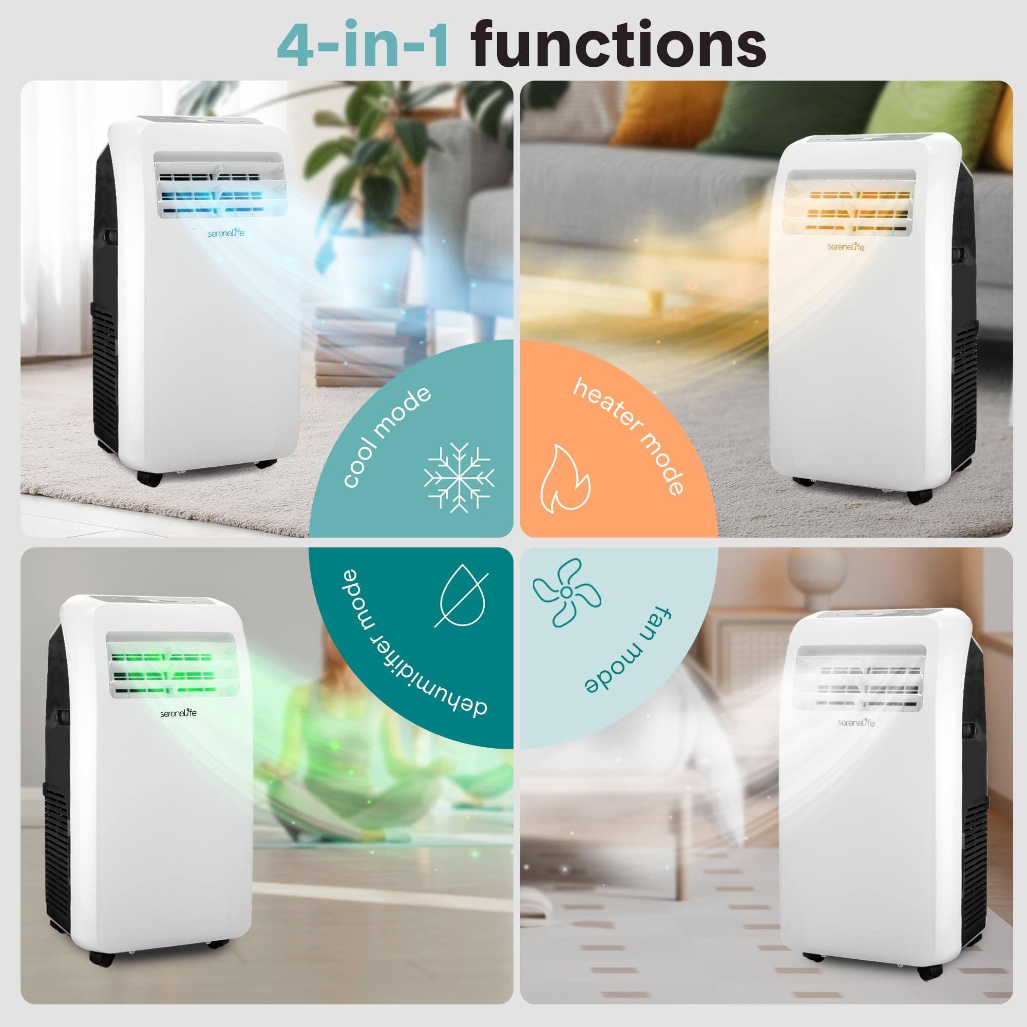 4-in-1 functions

- cool mode
- heater mode
- dehumidifier mode
- fan mode