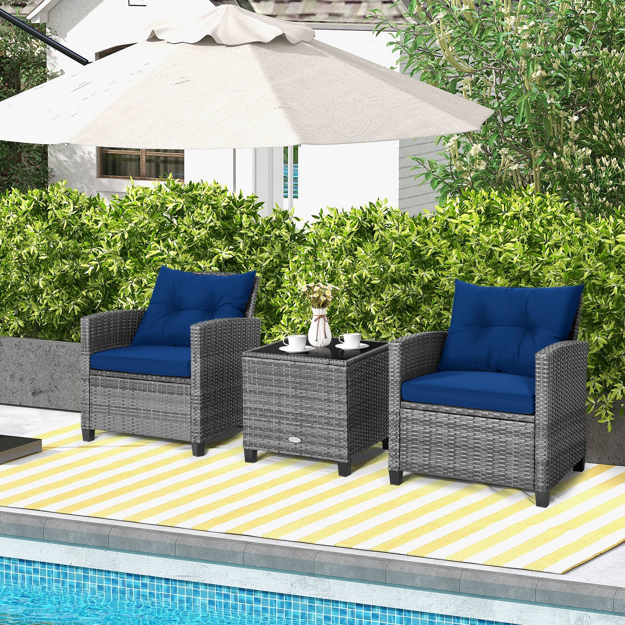 Alt View 4. Costway - 3PCS Patio Rattan Furniture Bistro Set Cushioned Sofas Side Table Armrest - Grey Rattan & Navy Cushion.