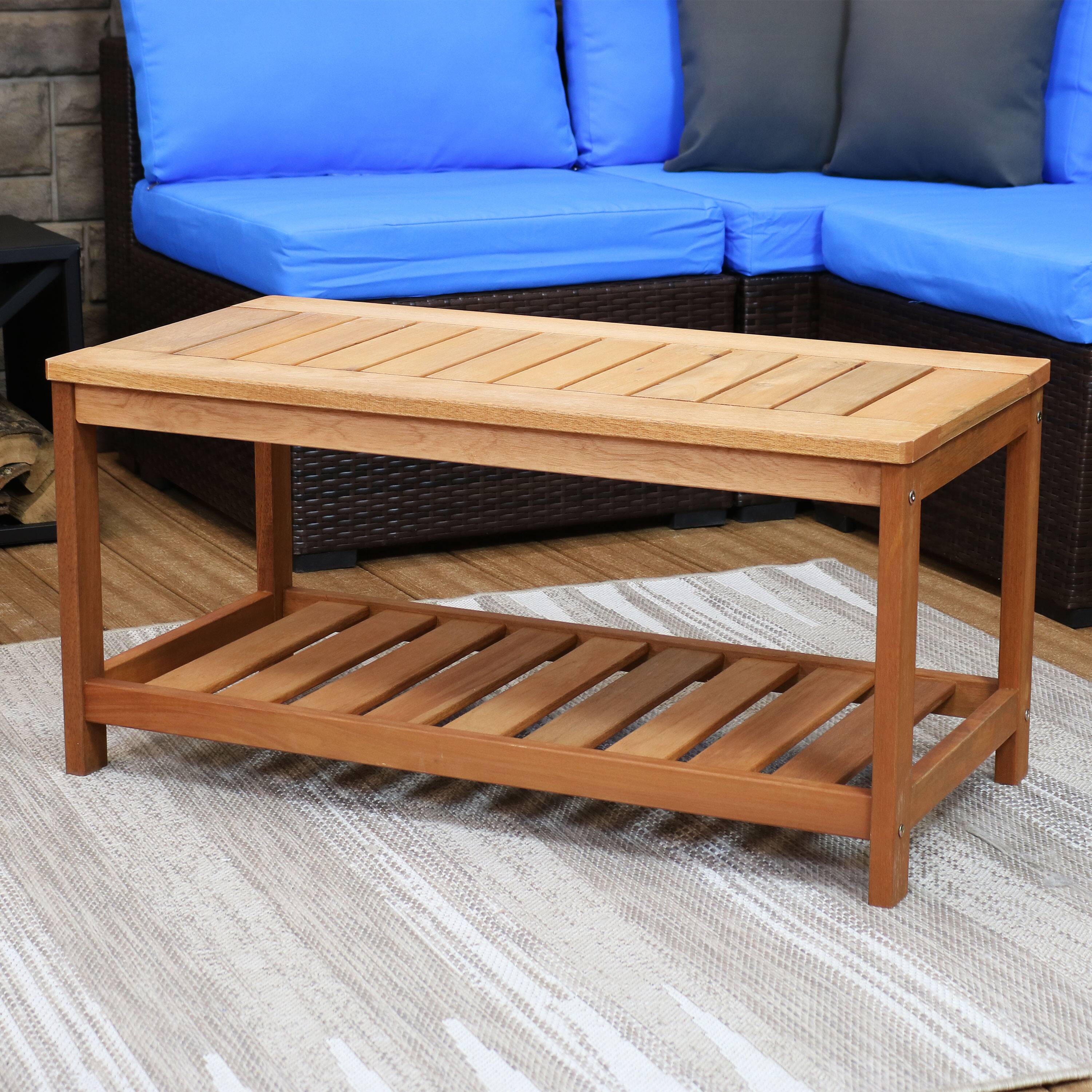 Alt View 3. Sunnydaze - 35.25 in Meranti Wood Rectangular Patio Coffee Table with Shelf - Brown.