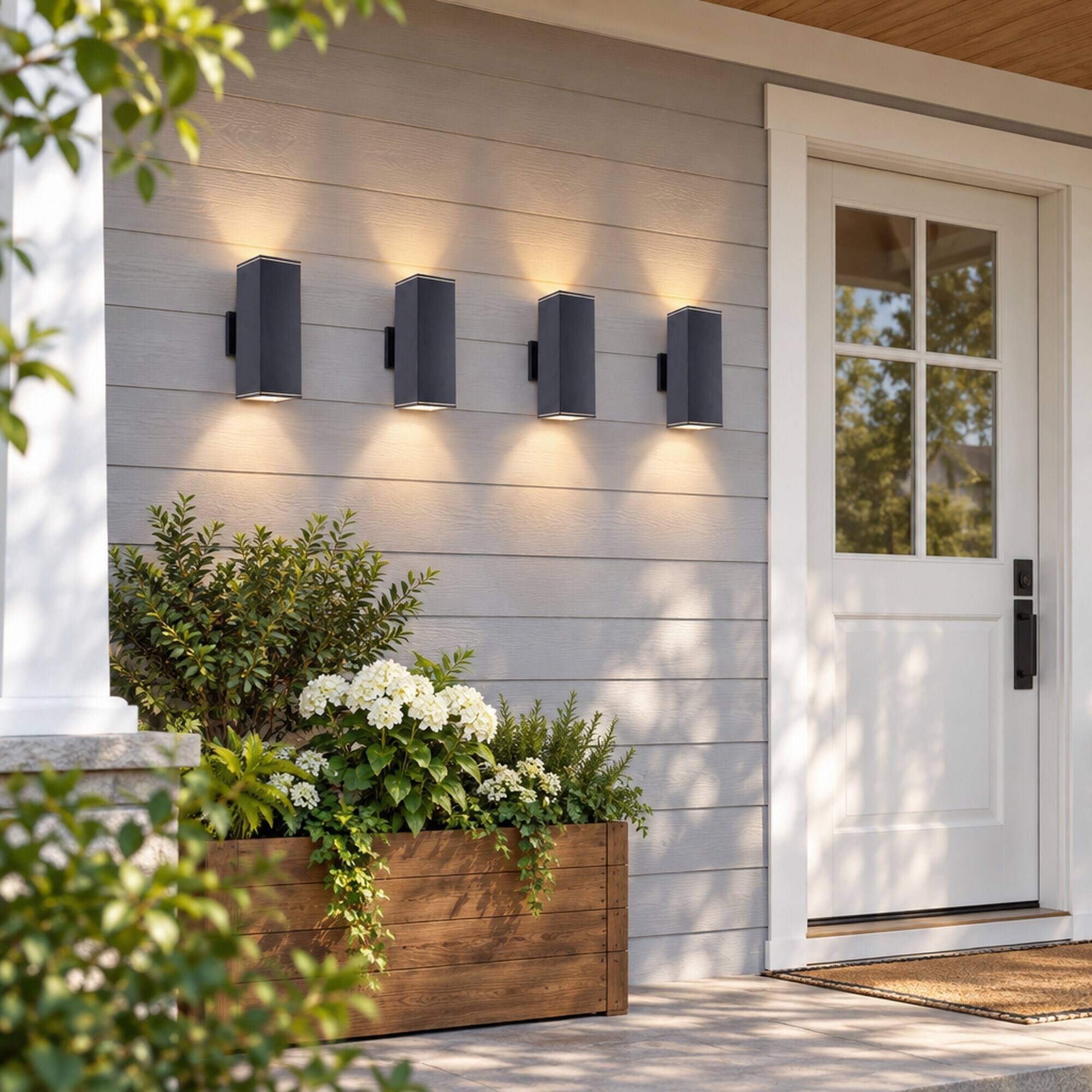 Back. RYHNUYNE - 12 In Outdoor Wall Lights 4 Pack, Modern Square Up Down Waterproof Aluminum Porch Light Fixture - Black.