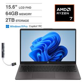 HP - 255R Laptop 15.6 FHD Display (Ryzen 7 7735U, 64GB, 2TB SSD, AMD Radeon, WiFi 6, Webcam, Win 11 Pro) w/USB Hub - Black