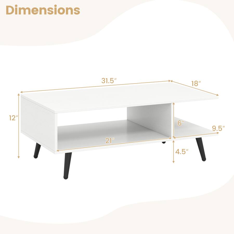 Gymax 2 Tier Coffee Table w/ Compartments & Metal Legs Rectangle Tea ...