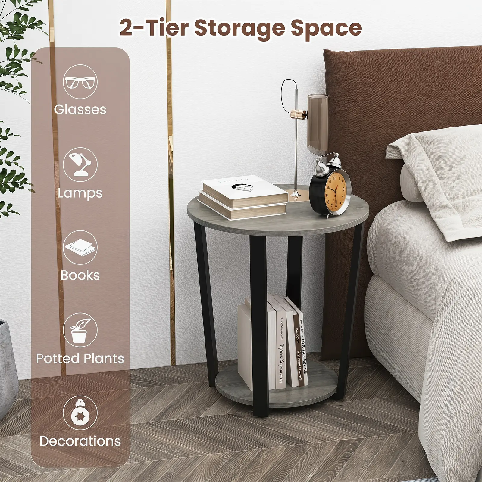 2-Tier Storage Space

- Glasses
- Lamps
- Books
- Potted Plants
- Decorations