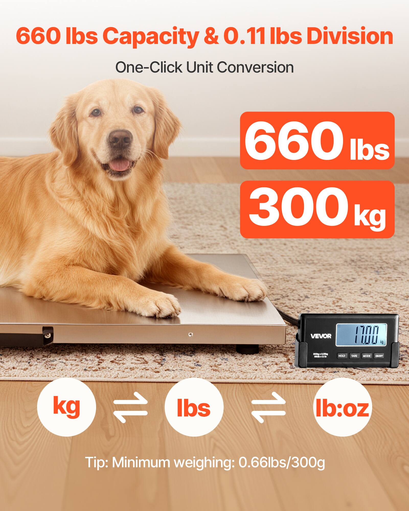 660 lbs Capacity & 0.11 lbs Division  
One-Click Unit Conversion  

660 lbs  
300 kg  

kg ⇄ lbs ⇄ lb:oz  

Tip: Minimum weighing: 0.66lbs/300g