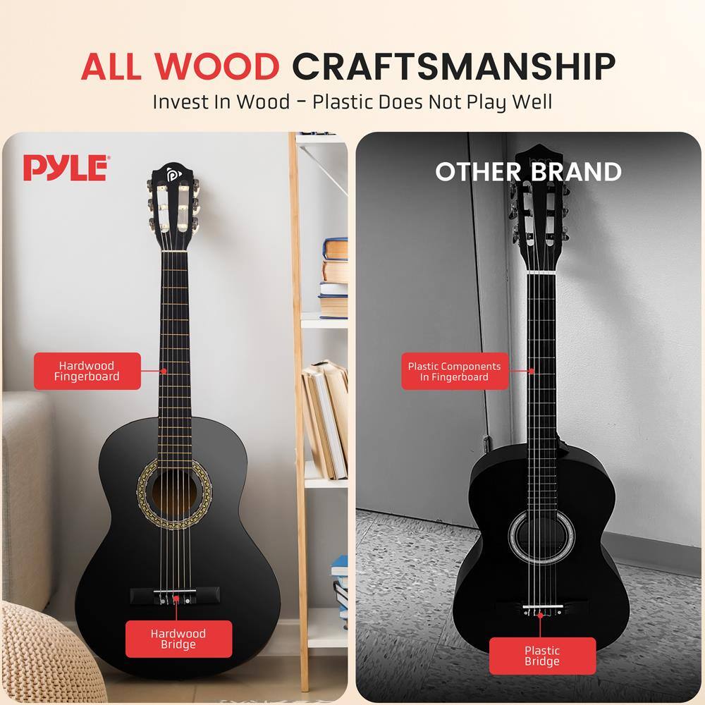 ALL WOOD CRAFTSMANSHIP  
Invest In Wood - Plastic Does Not Play Well  

PYLE  
Hardwood Fingerboard  
Hardwood Bridge  

OTHER BRAND  
Plastic Components In Fingerboard  
Plastic Bridge