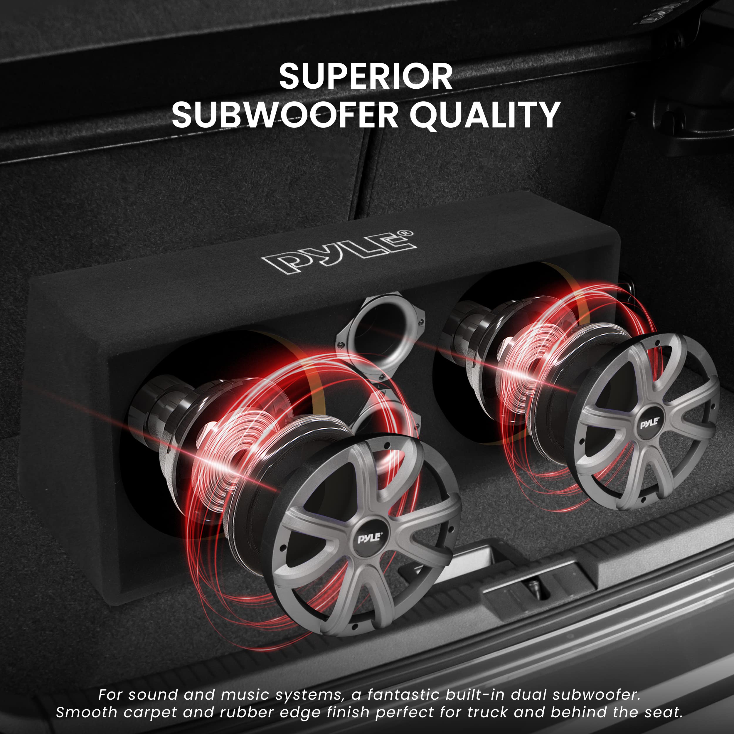 SUPERIOR SUBWOOFER QUALITY

For sound and music systems, a fantastic built-in dual subwoofer. Smooth carpet and rubber edge finish perfect for truck and behind the seat.