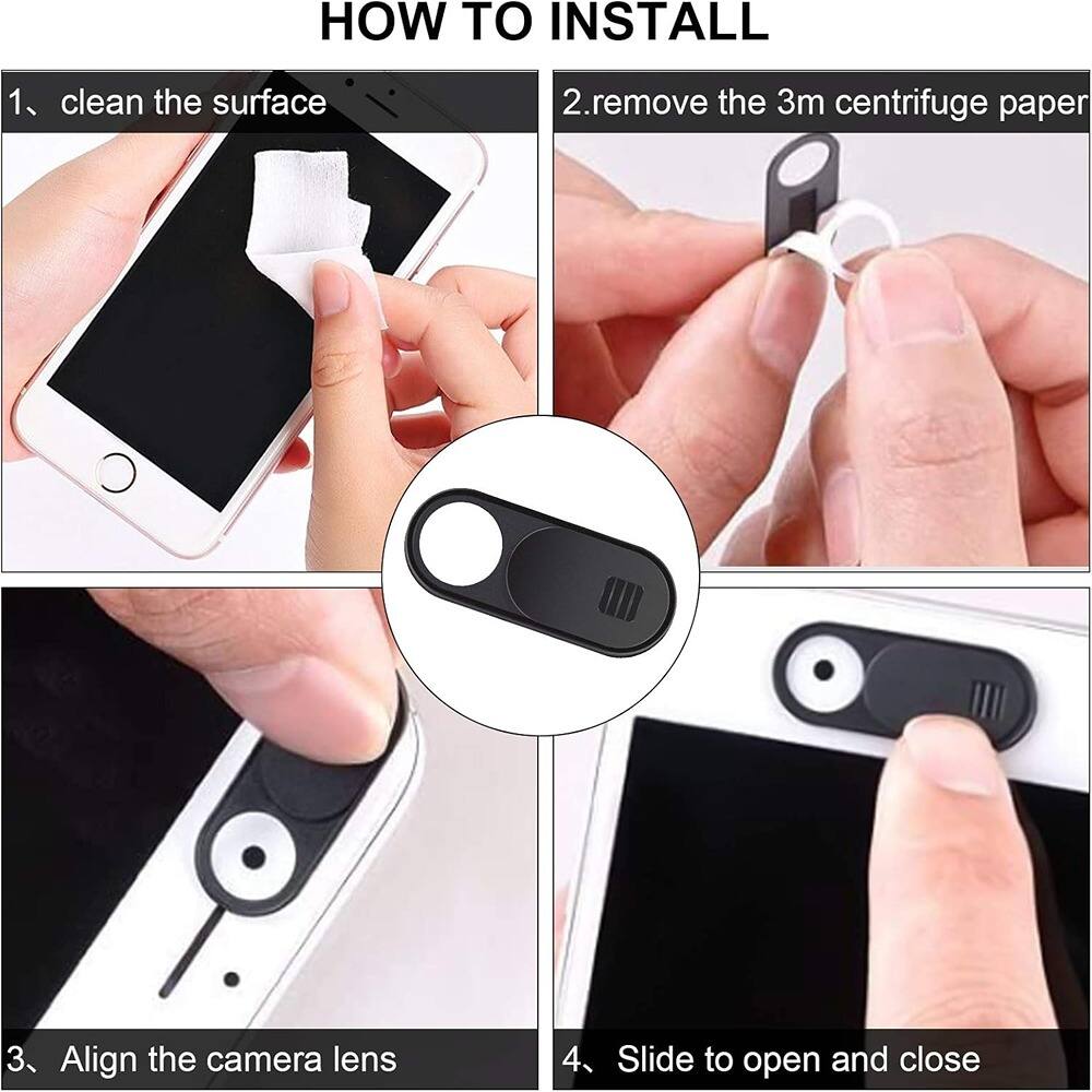Sure, here is the corrected and grouped text:

---

**HOW TO INSTALL**

1. Clean the surface

2. Remove the 3M centrifuge paper

3. Align the camera lens

4. Slide to open and close

---
