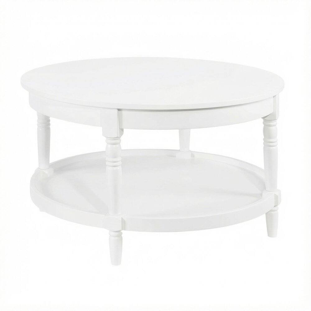 FurniFact - Round Coffee Table with Shelf and Rubberwood Legs Durable MDF Top - White