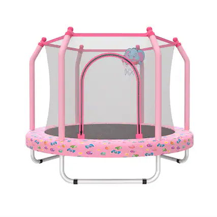 Front. Ecooso - 55" Kids Trampoline w/ Basketball Hoop, Indoor/Outdoor Toddler Rebounder - Pink.