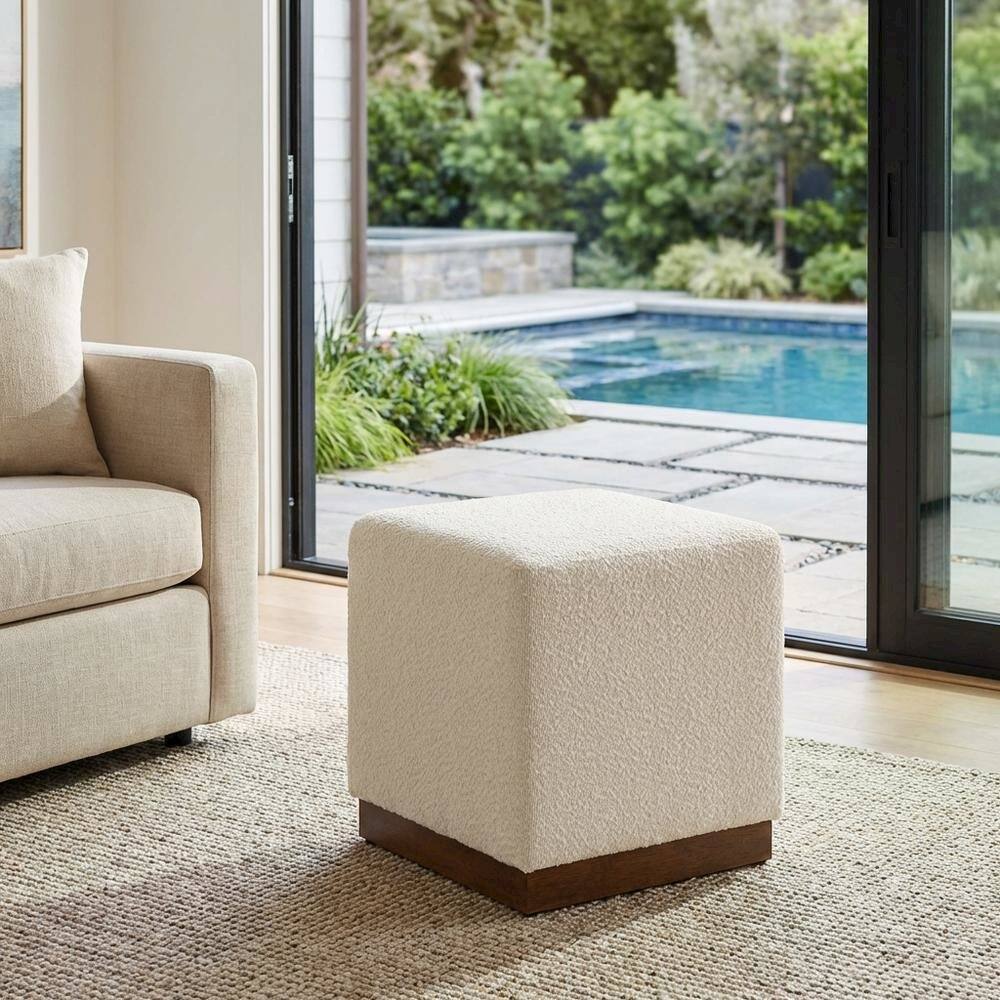 Left. Outdoor Escape - Square Boucle Upholstered Ottoman, Neutral Tone, Versatile Seating, Footrest - Brown.