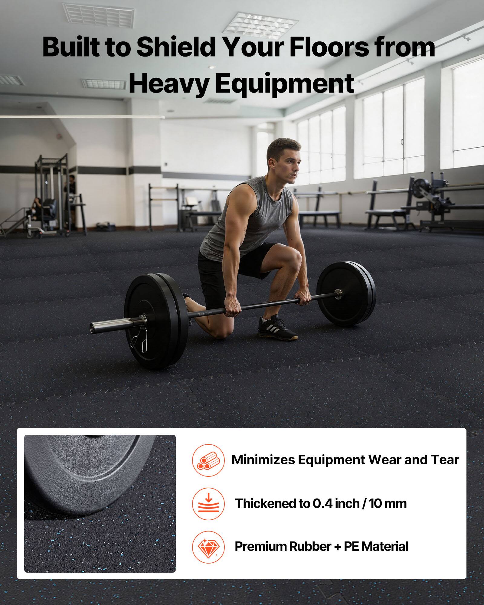 Built to Shield Your Floors from Heavy Equipment

Minimizes Equipment Wear and Tear

Thickened to 0.4 inch / 10 mm

Premium Rubber + PE Material